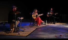 Zaza Flamenca performing "Barcelona Night," with Jonathan Dotson playing lead guitar and Dorian Lopez on percussion and dancing