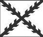 A small black and white image of the Spanish flag of the time. It has a white square background that is crossed with an X. The X has saw blades that extend from it.