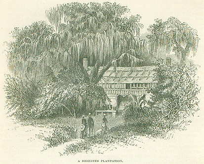 A black and white print of a Florida landscape — oak trees and palm trees surround a dilapidated plantation house, which is missing panels and windows. Three figures stand beneath the building, small as all.
