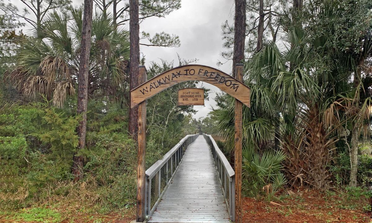 The gateway to the Walkway to Freedom at Fort Mose Historic State Park in St. Augustine, Florida.