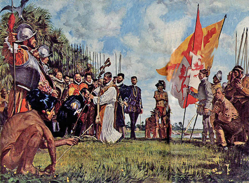 A painting that depicts the founding day of St. Augustine, Florida. Spanish conquistadors surround a kneeling Pedro Menendez, who kisses a cross held by a priest in a white robe. Image courtesy of the National Park Service.