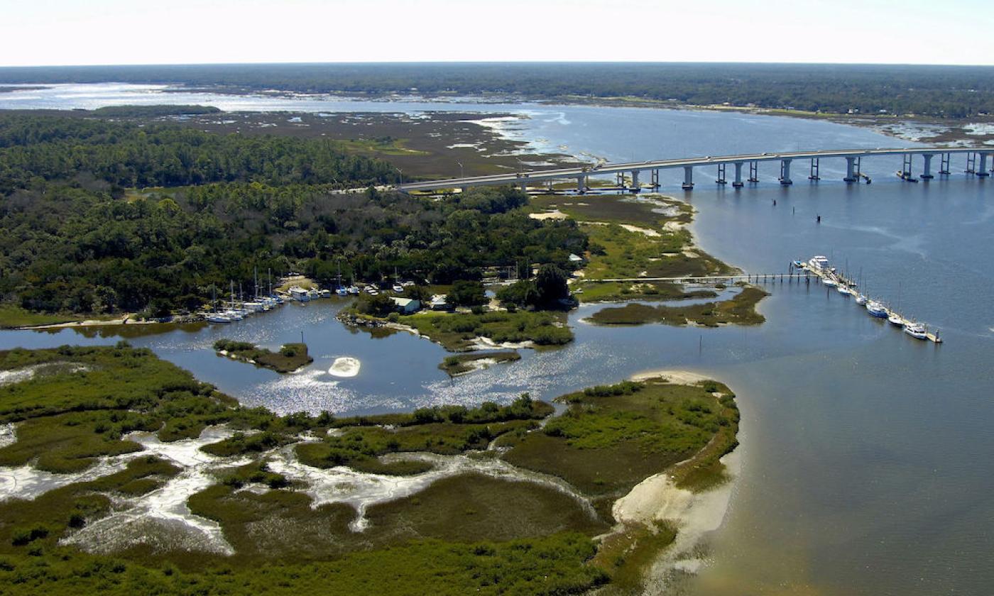 An aerial shot of the Fish Island Preserve