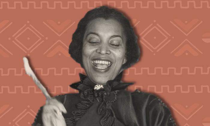 Collage with red pattenred background. B&W bust of Zora Neale Hurston in foreground, she is smiling wide and has a drumstick in one hand.