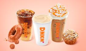 Hot and iced coffee, donuts, and a muffin are assembled 