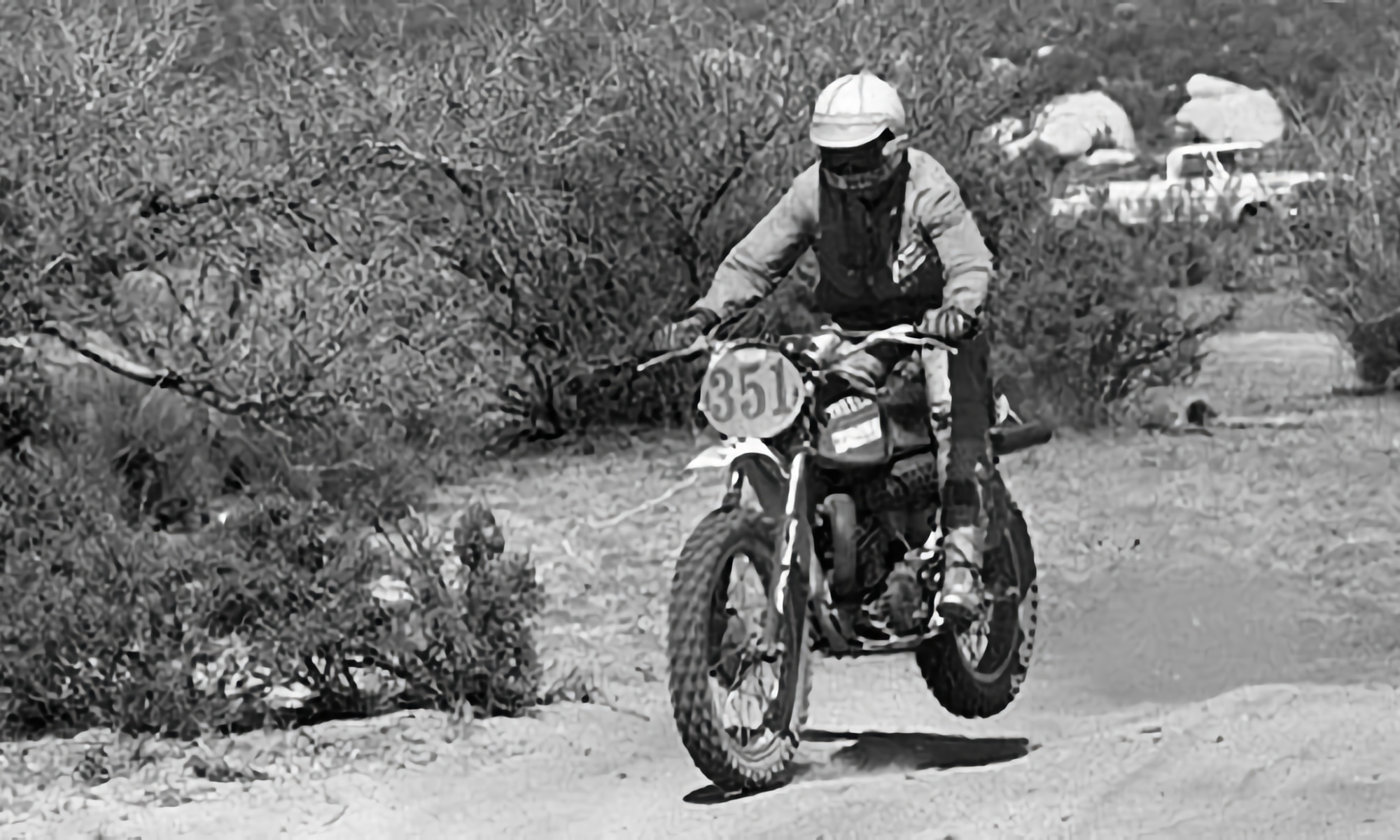 Mary McGee riding her competition motorcycle in Baja in the 1960s.
