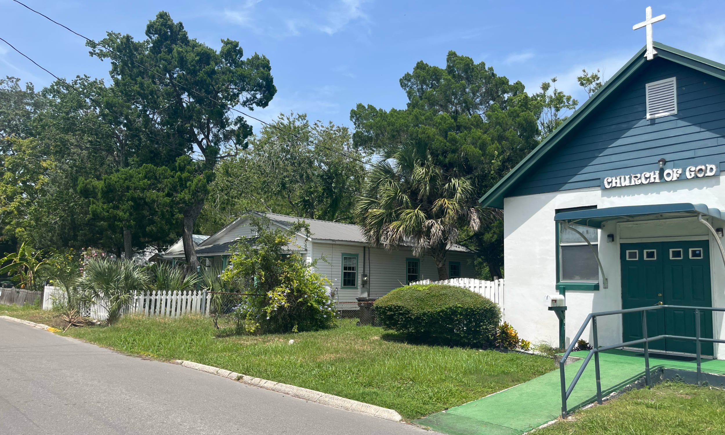 A sideview of an old church and home on Twine Street in St. Augustine