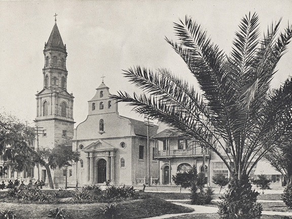 A historical photograph in black and white. The Cathedral and its tower can be seen in the background, with several tropical palm trees in the foreground.