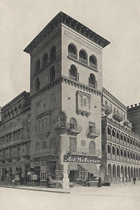 A historical photograph in black and white of the main tower of the Cordova Hotel (now the Casa Monica), which is on the coerner of Cordova and King Streets in St. Augustine, Florida.