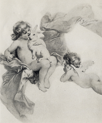 A black and white photograph of a fresco by Virgilio Tojetti, which is displayed in the Hotel Ponce de Leon in St. Augustine, Florida. Two painted cherubs frolick, hanging on to a garland made of luxurious fabric. The cherub on the right does not have wings and sits with a white rabbit in its lap, kissing its face. The second cherub in the right has wings, and relaxes on its stomach as if listening to the other talk. Both cherubs are white.