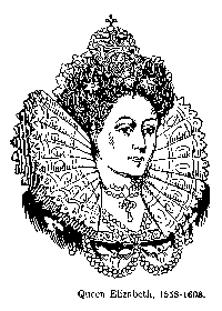 A black line drawing over a white background, depicting a bust of Queen Elizabeth I of England. She wears an elaborate collar and crown.