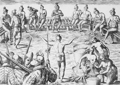A black and white drawing depicting a European interpretation of a Timucuan indigenous ceremony. Several men stand / sit in a semi circle — some resting on a timber bench which is also shaped like a semicircle. All of the Timucuan men are only wearing loin cloths and ornaments. One man faces the semi-circle, his arms lifted above his head. To his right in the foreground, a group of women prepare a beverage in a pot over a fire.