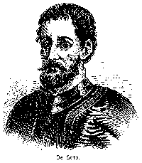 A black line drawing with a white background depicting the bust of Fernando De Soto. He is a Spaniard with short curly hair and a bushy beard and mustache. 