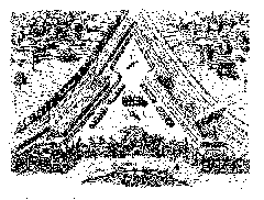 A black and white line drawing of Fort Caroline in present day Jacksonville, Florida. It is a traingular shaped fort with arrowhead shaped defensive spaces that extend from each corner of the triangle. On the bottom edge of the fort, a wall of brambles corders the wall. Within the fort, defensive structures and the pixelated figures of French soldiers. It is an extremely pixelated image.