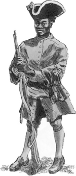 A black and white drawing of Francisco Menendez. He is a Black soldier with a tri-corn hat and a long jacket. He wears knee-high uniform stockings and leans with both hands on his musket.