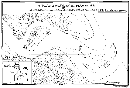 A black and white line art map of Matanzas Inlet, which is south of St. Augustine, Florida. The intercoastal waterways are shown with the islands being colored in and the water being black white. A small key is barely visible on the bottom left corner, as it is an extremely pixelated image.