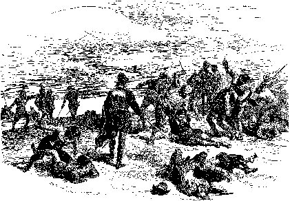 A black and white drawing of a battle happening on the beach of Matanzas Inlet. It is a very pixelated image, but you can make out the shapes of men clinging to each other in combat. Lengths of swords can be made out, as well as a lone man standing in the foreground amidst the other men, wearing a Spanish style conquistador helmet and a metal vest of armour.