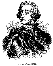 A black and white line art drawing of General James Oglethorpe, Governor of colonial Georgia. It is a bust of him, and his face is facing the left side of the image, at 3/4s view. The image is very pixelated but you can make out his odd colonial hairdo and layered clothing.