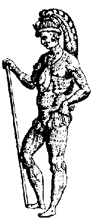 A black and white line art drawing depicting an interpretation of a Timucuan man. He is standing contrapasto with one hand on his hip, and the other perched on the top of some kind of walking stick. He wears a headdress that looks like a crown with a single large feather coming out of the top. He is naked except for an ornamental chest piece and a loin cloth. His skin is tattooed. This image is moderately pixelated.