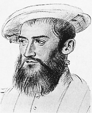 A black and white print of Jean Ribault. He has oddly delicate features and a large, long beard. He looks off to the left of the image, almost wistfully. The image is a bust, only showing his head and shoulders. Ribault wears a flat hat.