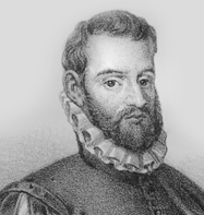 A black and white print of Pedro Menendez de Aviles. He is a Spaniard with curly dark hair, a large forehead, strong eyebrows, doe eyes, a Roman nose and a large bushy beard. He wears a collar that cups the bottom of his head and jaw closely and is very fluffy. The image is only a bust so only the shoulders of his Spanish garb are visible.