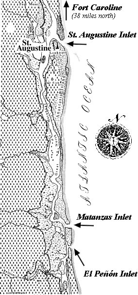 A black and white line-drawn map of Florida's Northeast coast, with St. Augustine and the St. Johns River being the northmost features of the map and El Penon Inlet being the southmost feature. North of El Penon Inlet is Matanzas Inlet. The locations are marked by black arrows. The St. Johns River connects the features. Above St. augustine, an arrow points out of the frame, pointing to Fort Caroline in present day Jacksonville. There is a compass rose to the right of the map, marking North.