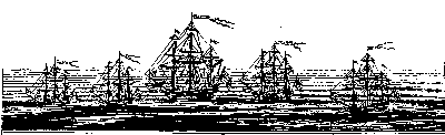 A black and white line art image of five sailing ships on the ocean. The middle ship is the largest with two slightly smaller ships on either side. Their banners are flying and the image is meant to portray wartimes.