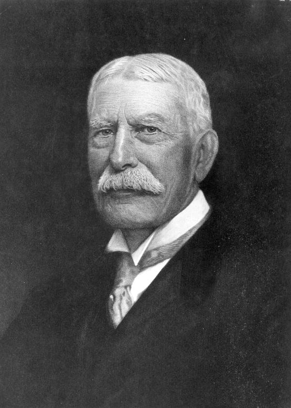A black and white engraving of a portrait of Henry Flagler from the chest up. He is an old man with white hair parted down the middle and a large white mustache. He wears a popped-up collard and a suit and tie.