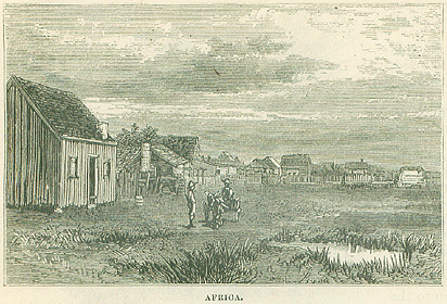 A black and white print of a landscape in St. Augustine, Florida. It shows the Lincolnville neighborhood (sometimes called 'Little Africa') as it appeared in the late 1800s. It is a collection of simple houses on the edge of a grassy marshland.