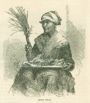 A black and white print of an older Black woman. She is seated with what looks to be a cutting board on her lap and a fan made out of dry grass in one hand. She wears 1800s garb, with a head scarf long skirt and shawl about her shoulders.