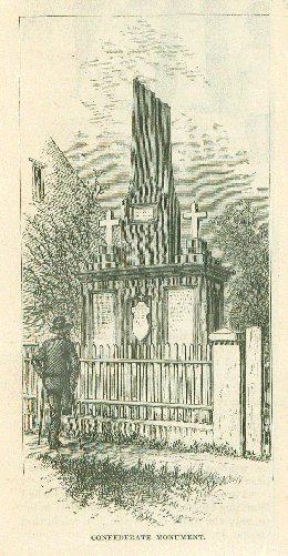A black and white print of the Confederate Monument in St. Augustine, Florida. It is a dark obelisk whose top is broken off. Two white crosses on either side. A fence in front. The dark figure of a one-legged man of unidentifiable race stands in front of the fence, leaning on a pair of crutches.