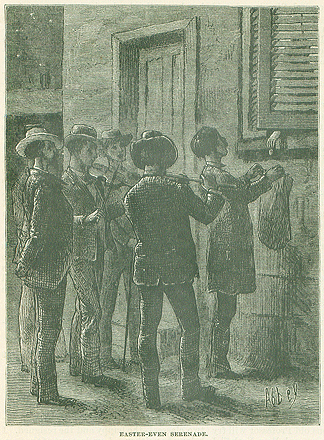 A black and white illustration of a group of men outside of a stone house in St. Augustine, Florida. They all wear hats and coats. Some play violins. Their heads are lifted to a closed window, their mouths open in song. A hand peeks out from within the shutters, poised to drop a treat into a bag that one of the men holds aloft.
