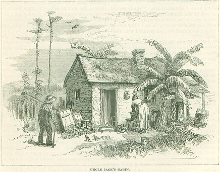 A black and white illustration of a small cabin surrounded by banana trees, chickens, marsh grass, barrels, and laundry supplies. An old man on a cane approaches the cabin, a woman stoops near the door doing chores.