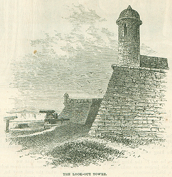 A black and white illustration of the Castillo in St. Augustine, Florida. It is a stone structure with a cylindrical tower atop a trapezoid shaped corner. Cannons and sea wall in the background.