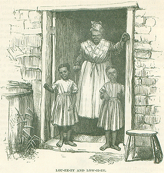 A black and white illustration of three people in the doorway of a stone structure. Two girls stand on the outer stoop, waving. An older woman is deeper into the house, leaning on a cane. They are all black.
