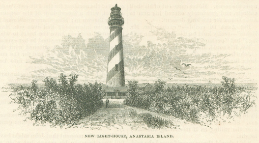 A black and white print of the new lighthouse in St. Augustine, Florida, as it appeared in the late 1800s. It has spiraled stripes and stands among the Florida dunes. A man stands in the sand driveway.