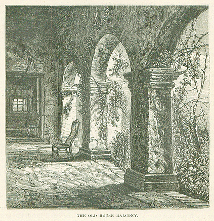 A black and white illustration of a loggia in a historical house in St. Augustine, Florida. Stone arches span from the foreground to the background, leading to an overgrown courtyard. An empty chair faces the interior of the loggia, a dark door stands at the end of the row of arches.