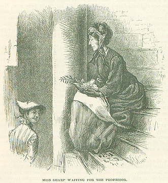 A black and white print of a darkly dressed 1800s lady sitting on the interior spiral stairs of a lighthouse. Another younger woman is descending the stairs below her, giving her a confused look. The older woman is holding shells and branches and such in her lap.