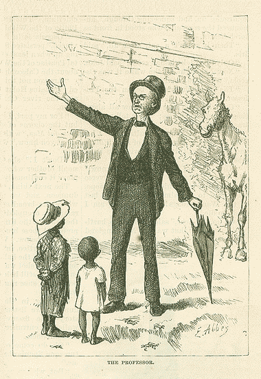 A black and white print of The Professor character. He is a darkly dressed figure in the foreground, one hand lifted in lecture, the other leaning on an umbrella. Two young Black children stand in front of him, listening intentionally. A scraggly horse stands in the background.