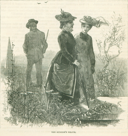 A black and white drawing of two women in front of a stone tomb. Both are wearing long 1800s dresses and hats. One of the women leans her umbrella on the tomb. A man behind the women faces away, towards an obelisk. Th man's head is bowed.