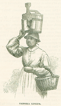 A black and white print of a young Black woman with a wooden bucket on her head. She wears a little hat and simple light-colored 1800s clothes. 