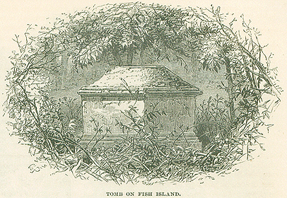 A black and white print of a stone tomb — trapezoid in shape, sitting amongst an oval of branches and thorns and leaves.