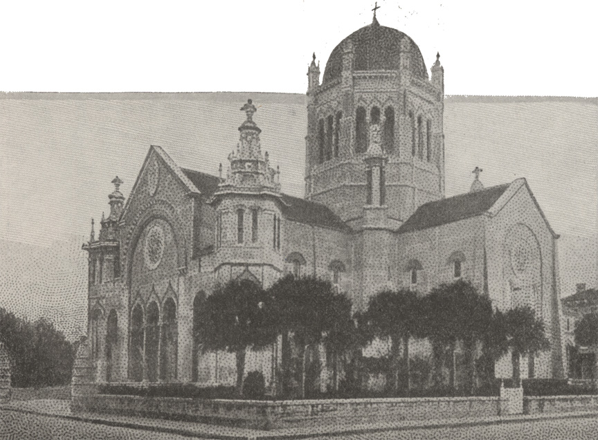 A black and white photograph of the Memorial Presbyterian Church in St. Augustine, Florida, circa 1915. It is a grand church with moorish/ Catholic architecture, a massive dome, and palm trees in a shaded courtyard.