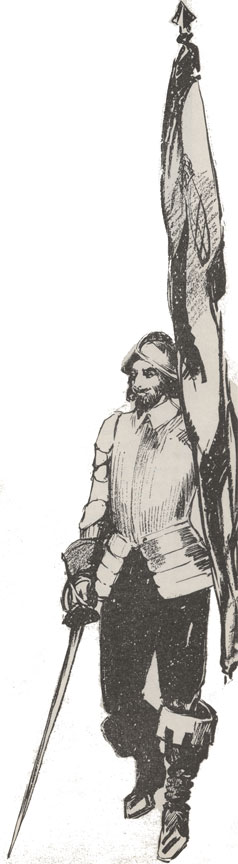 A drawing of a Spanish conquistador in an armor and helmet. He holds a sabre in one hand and a flag in the other. He is illustrated with a mustache, beard, and chin-length dark hair.