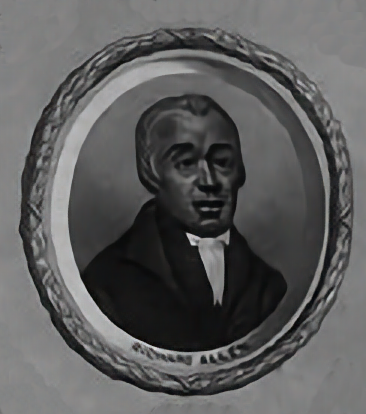 A black and white illustration of a bust of Richard Allen — well dressed older Black man.