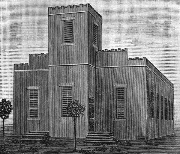 A black and white drawing of a masonry building. A central bell tower at the entrance.