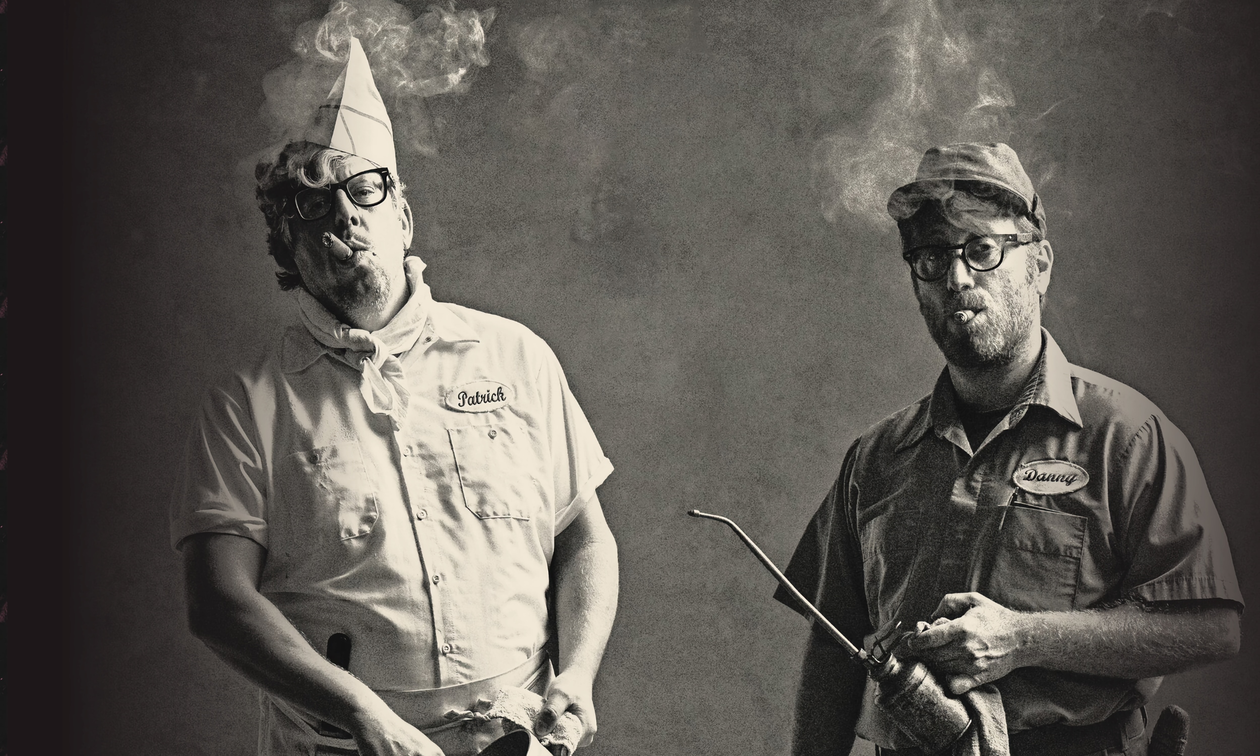 Patrick and Danny of the Black Keys, in the costumes of a school cook and school janitor for their "Wild Child" video