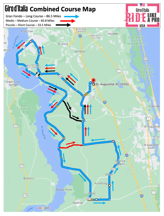 A map displaying the Giro d'Italia cycling event's combined course routes with distances marked for three courses and directional arrows