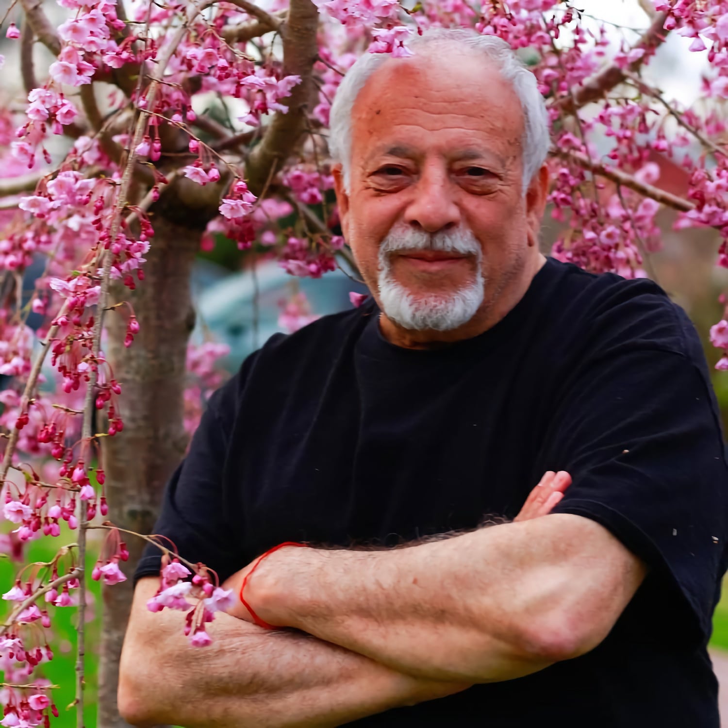 George Wallace, keynote speaker for St. Augustine PoetFest 2024, in front of a blooming cherry tree.