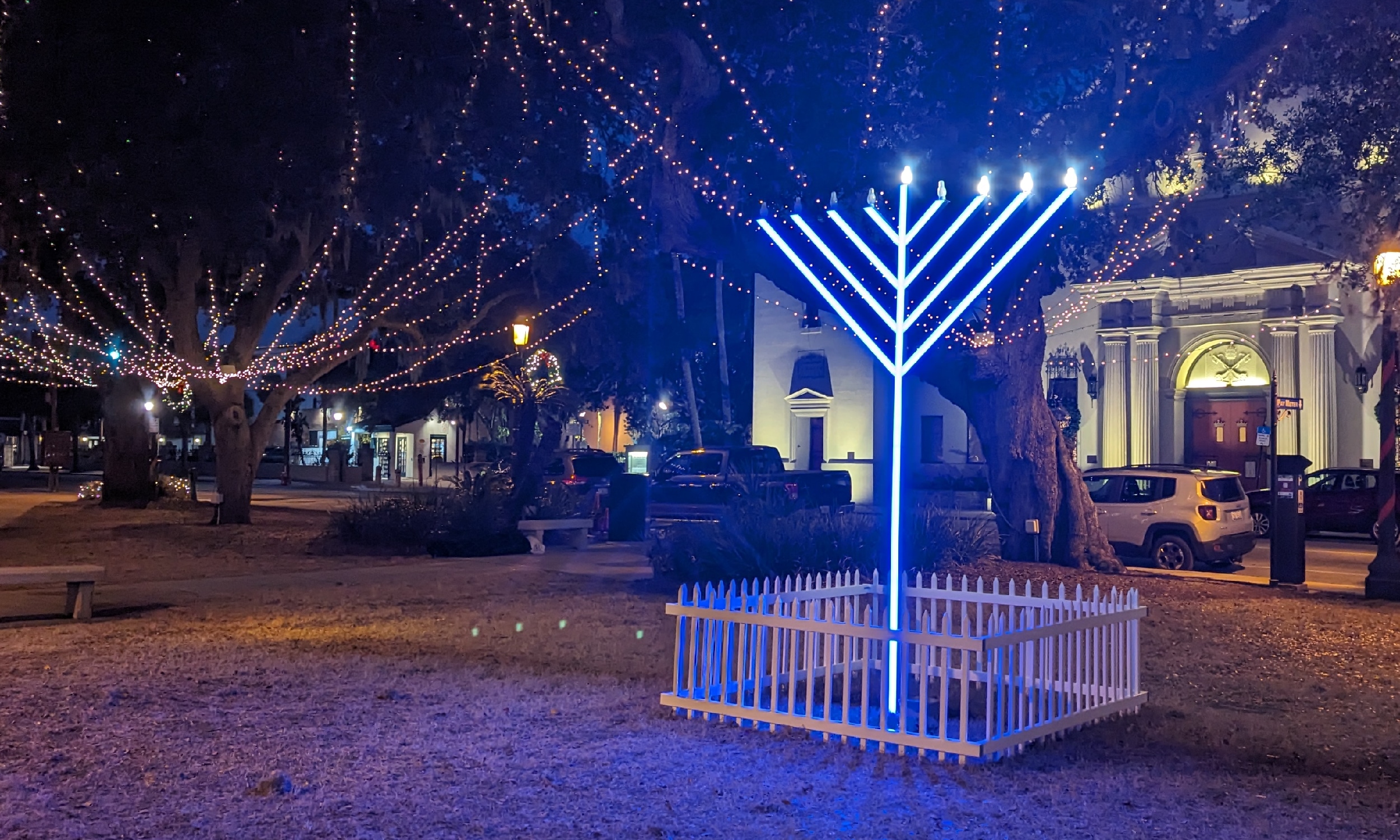 An electric menorah shines in the Plaza each year during Hannukah