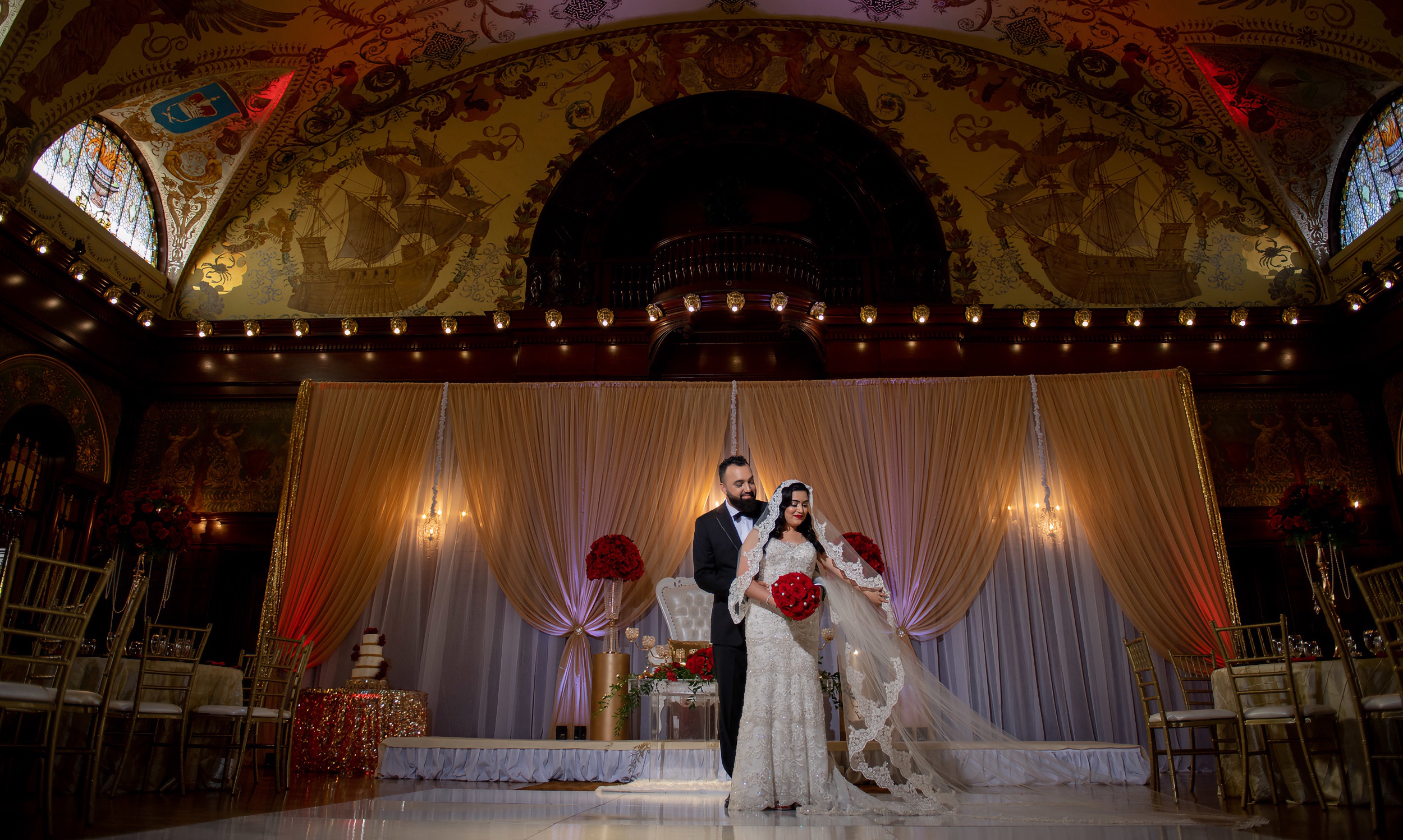 A wedding set in the Grand Ballroom of Ponce